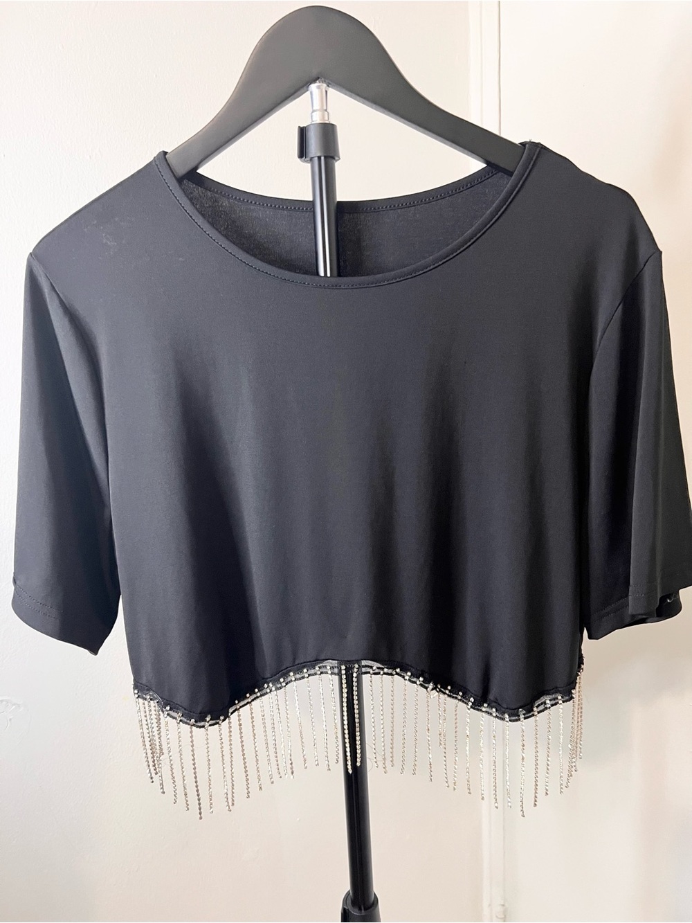 Black Cropped and Crystal Fringe Women's Stylish Top - Picture 2 of 4